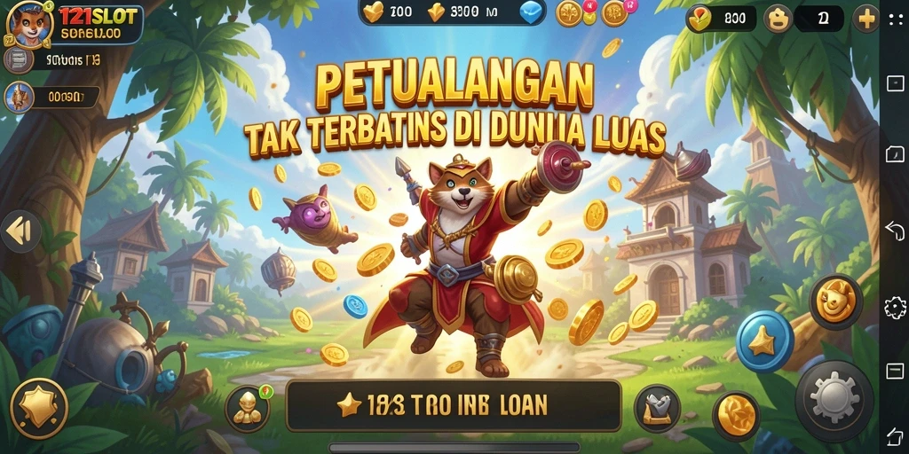 Screenshot utama menampilkan potret dunia luas 1121SLOT dengan karakter yang sedang berpetualang.