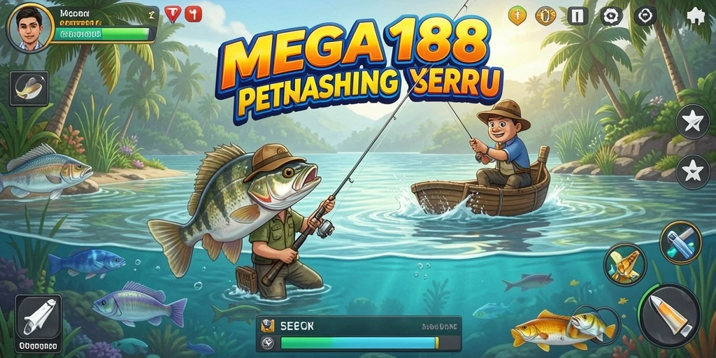 Screenshot MEGA188 menampilkan gameplay seru memancing ikan di lokasi yang indah.