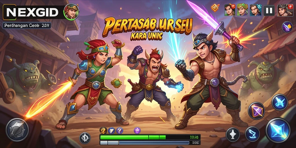 Tampilan pertarungan NEXGID dengan karakter yang sedang bertarung.