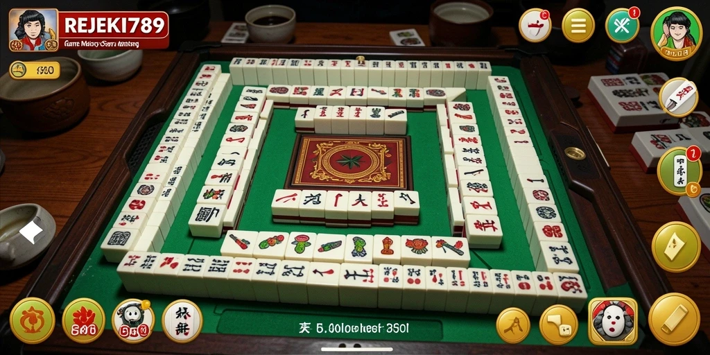 Tampilan gameplay seru dalam REJEKI789 saat menyusun potongan Mahjong.