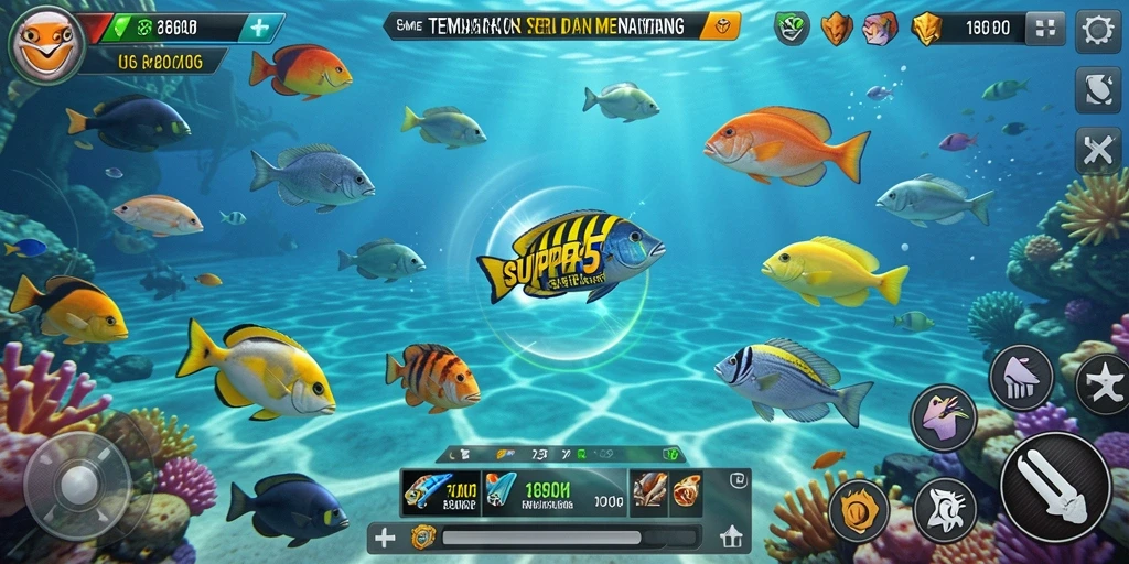 Screenshot gameplay SUPER5 menunjukkan keseruan menembak ikan.