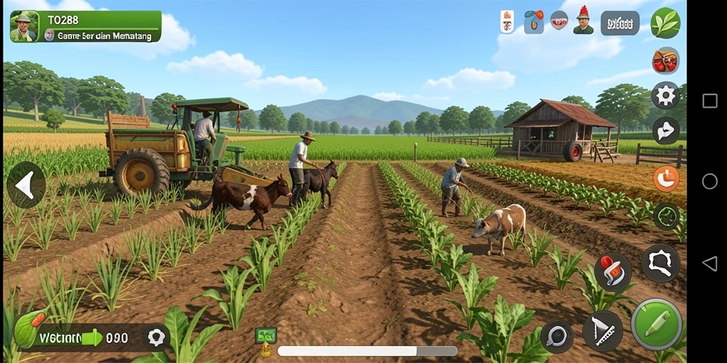 Tampilan gameplay <strong>TO288</strong> menampilkan petani yang sedang merawat tanamannya.