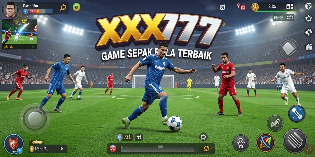 Tangkapan layar utama dari gameplay <strong>XXX777</strong> menampilkan aksi menegangkan di lapangan sepak bola.