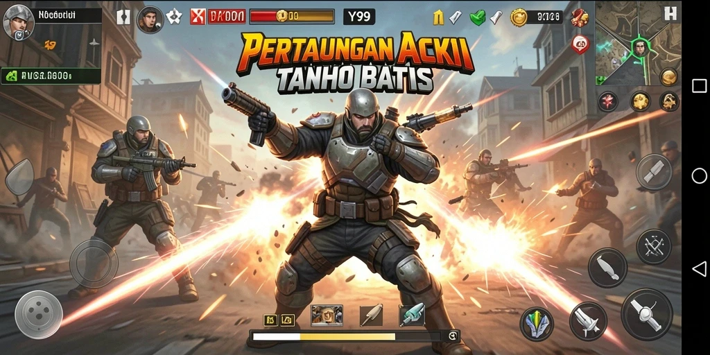 Screenshot menunjukkan karakter heroik dalam aksi pertarungan melawan musuh.